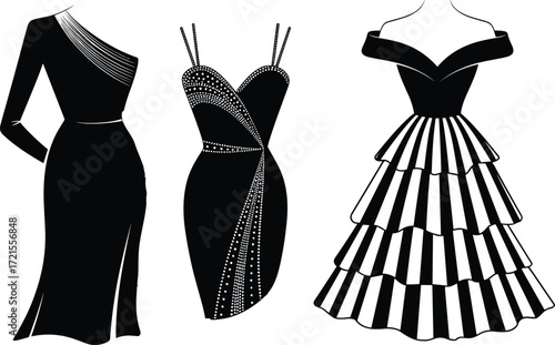 Elegant black evening dress icons, formal wear silhouettes, fashion vector set, stylish gowns for boutique branding, event planning, clothing design, digital illustration, e-commerce