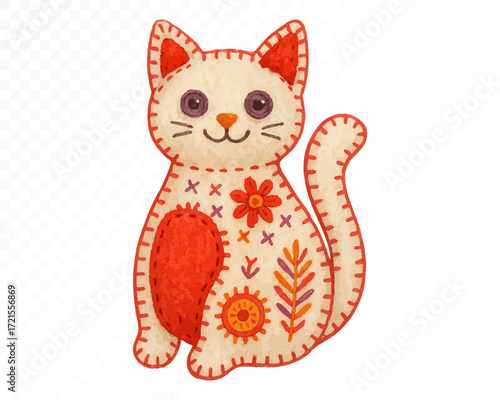 Watercolor felt cat toy with stitched red floral embroidery and decorative patterns, handmade Christmas holiday ornament in cozy rustic style. Vector illustration.