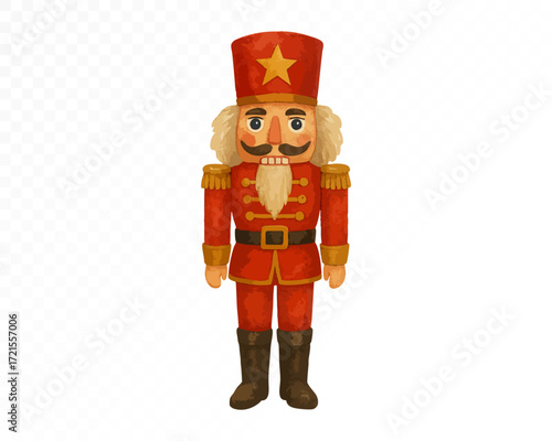 Watercolor nutcracker soldier in red and gold uniform with tall hat and white beard, traditional Christmas holiday decoration toy in vintage festive style. Vector illustration.