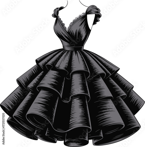 Elegant formal dress illustration, black ruffle gown, fashion sketch, dramatic layered skirt, monochrome style, couture design, V-neckline, artistic rendering, stylish evening wear, vector art