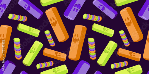 Flat vector seamless Halloween pattern with licorice candies on dark background. Perfect for wrapping paper, textiles, stationery, wallpapers