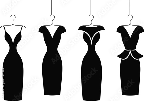 Elegant black dress silhouettes, fashion vector illustration, stylish women’s clothing design, minimal outfit icons, boutique apparel concept, modern wardrobe elements, editable graphic