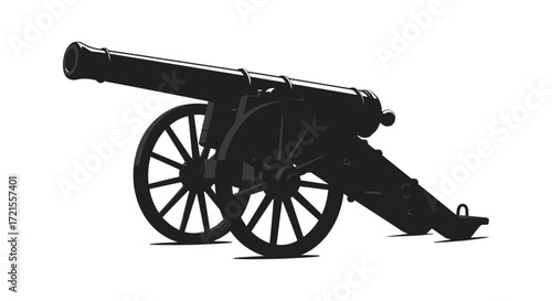 A vintage black silhouette of an antique cannon on white background