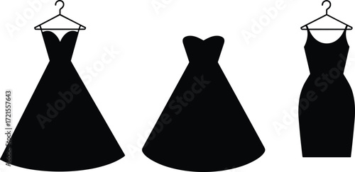 Women’s dress silhouette, fashion vector illustration, floral embellishment design, peplum waist style, sweetheart neckline, elegant outfit clipart, black clothing icon, stylish apparel art