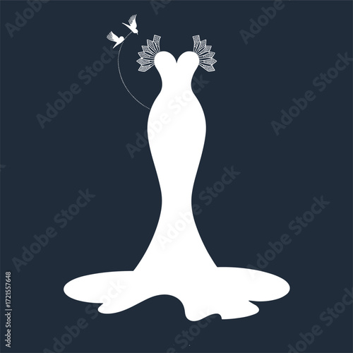 Elegant gown silhouette, bridal fashion vector, minimal dress design, floral shoulder detail, flying birds, dark background, artistic style, wedding theme, graceful feminine illustration