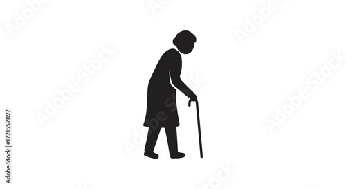 Silhouette of an elderly woman walking with a cane on white background