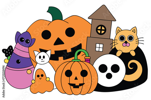 Halloween cartoon illustration featuring pumpkins ghosts cats and a haunted house perfect for seasonal designs and decorations on