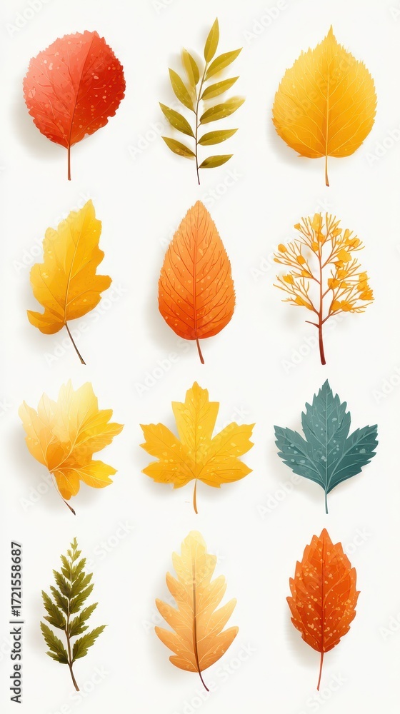 Obraz premium Colorful autumn leaves arranged artistically on a light background showcasing seasonal change and nature's beauty