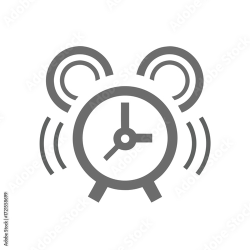 Gray alarm clock icon with ringing sound waves on white background time wake