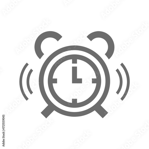 Gray alarm clock icon with ringing sound waves on white background time