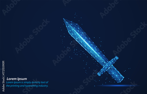 Sword. Futuristic illustration of sword isolated on a dark background, representing strength, defense, and digital warfare.Protect and secure concept.Low poly wireframe vector.