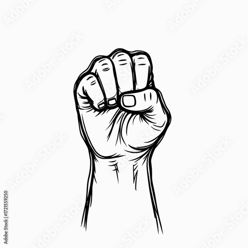 Fist raised in solidarity and strength in minimalist black and white  