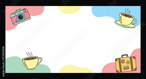 A travel themed background with a camera coffee cups and a suitcase in pastel colors and a white background