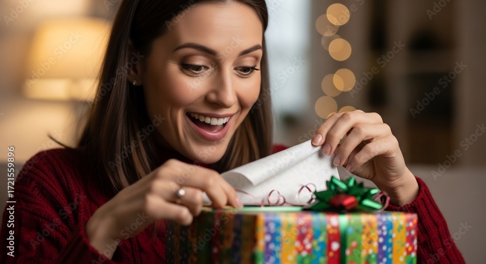 Fototapeta premium Woman happily opening a colorful Christmas gift with a festive ribbon