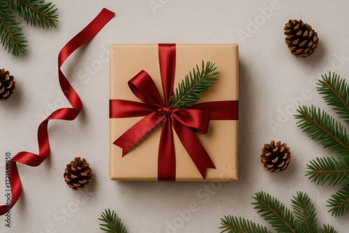 Christmas gift box with red ribbon and pine cones.