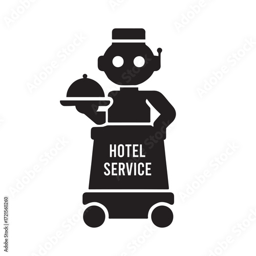 Robot hotel smart assistant serving food on tray with service silhouette
