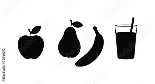 Simple black silhouettes of an apple pear banana and a drink