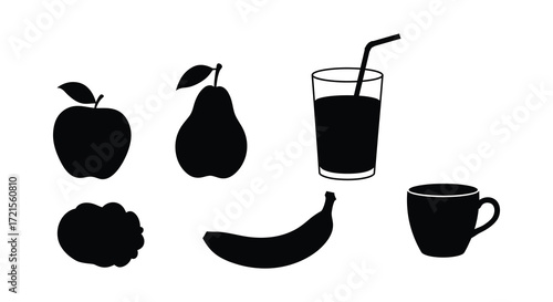 Simple black silhouettes of fruit a drink and a coffee cup