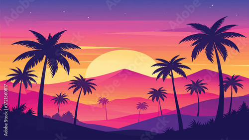 Tropical Sunset Over Mountain with Palm Trees Vector Design