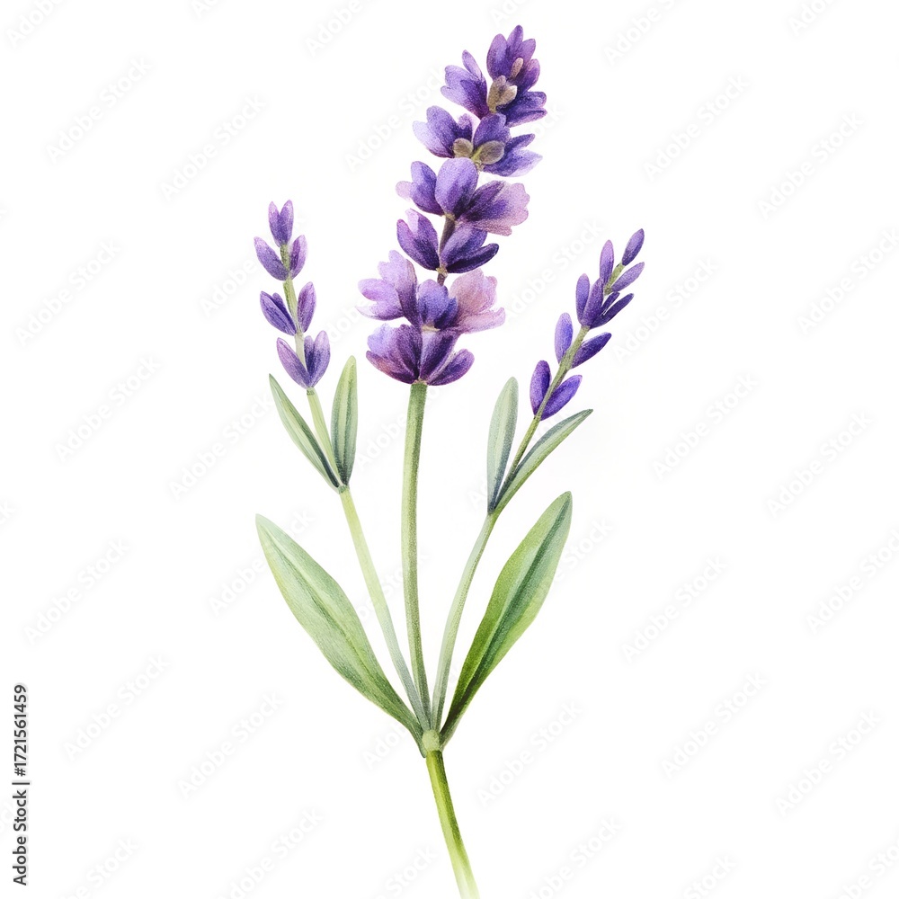 Fototapeta premium single Lavender stem soft purple water-colour, white background