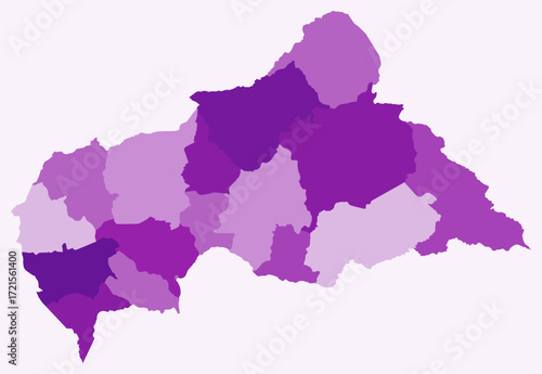Map of Central African Republic with regions. Just a simple country border map with region division. Purple color palette. Blank Central African Republic shape with administrative division.