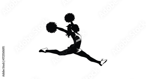 Silhouette of a cheerleader in mid air performing a dynamic jump