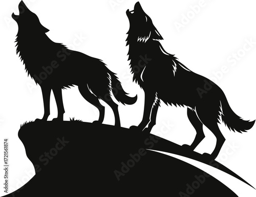 Two black wolves howling on a rocky outcrop wolf animal