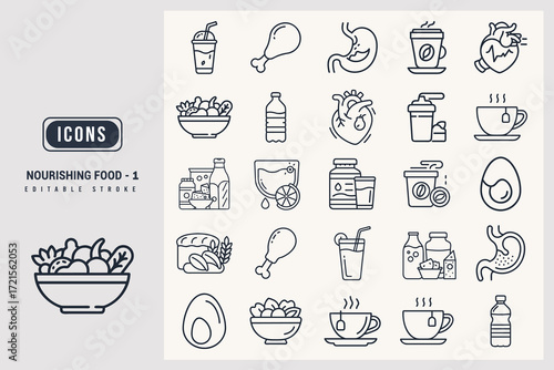 Collection of Pixel Art Nourishing Food and Drink Icons for Healthy Lifestyle White Background