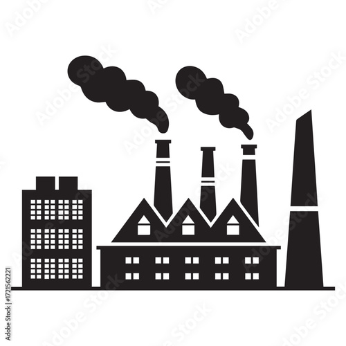 Black and White Industrial Factory Illustration on White Background