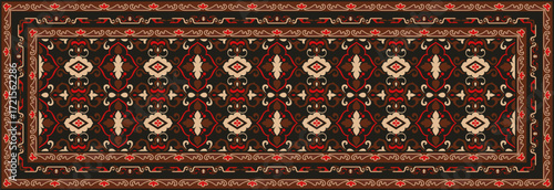Long carpet, decorated with dark vintage pattern carpet.