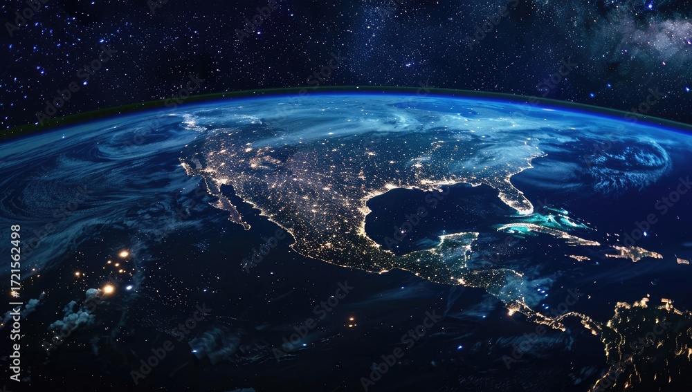 Obraz premium Night view of Earth from space, showcasing North and Central America's city lights against a backdrop of stars and swirling clouds