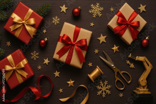 Festive Christmas Gifts and Decorations on Dark Background.