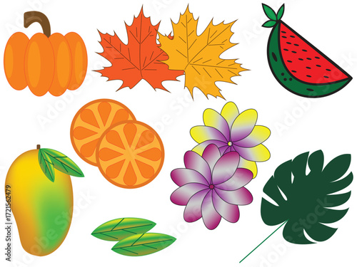 Colorful assortment of fruits leaves and flowers on a white background design