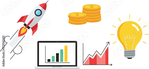 Rocket launching with graphs laptop coins and lightbulb representing business startup and growth concept