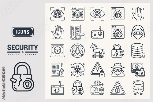 Collection of Cyber Security Icons Representing Digital Threats and Protection White Background