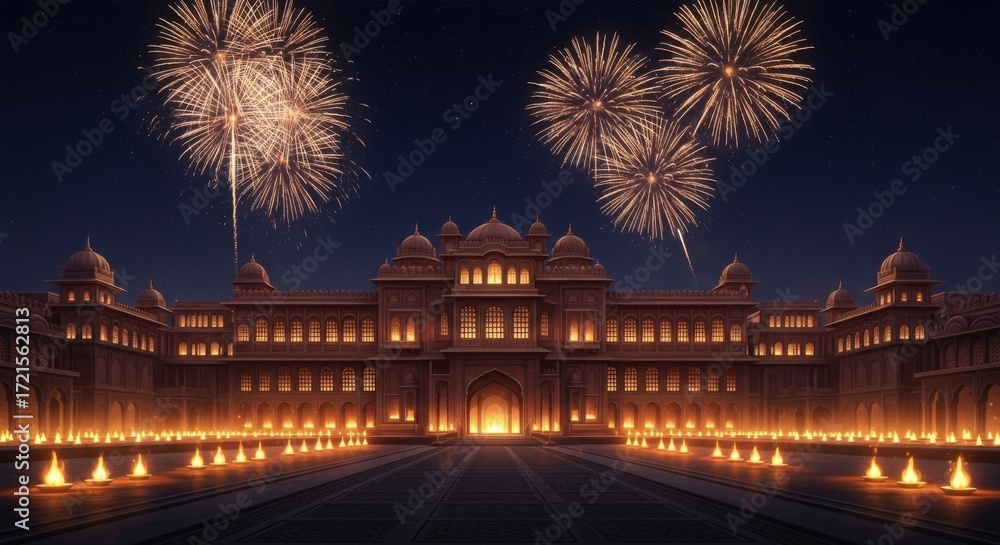 Naklejka premium Grand Palace Illuminated at Night with Fireworks Display in the Sky