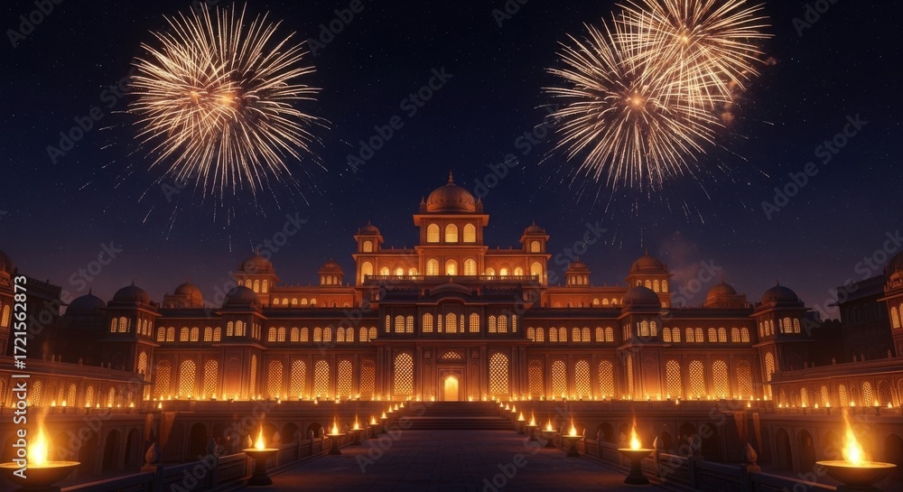 Naklejka premium Grand Palace Building Illuminated at Night with Fireworks Display in Sky