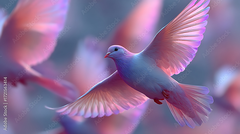 Fototapeta premium Graceful white dove soaring through soft pastel sky, a symbol of peace and hope.