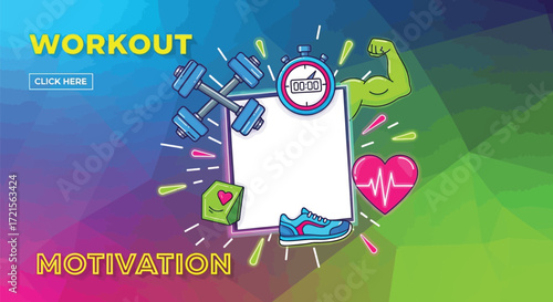 A workout motivation graphic with dumbbells stopwatch heart and a blank white space for text