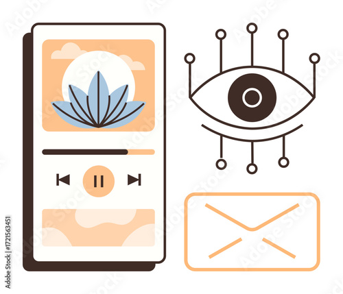 Mobile app interface with audio player design, an abstract eye symbolizing AI and technology, and an envelope for messaging. Ideal for wellness, mindfulness, technology, communication, meditation