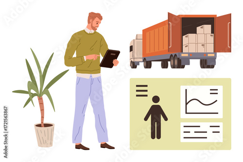 Man examining tablet, logistics chart, and plant alongside truck with shipment boxes. Ideal for logistics, supply chain, delivery management, shipment tracking, warehouse operations, ecommerce