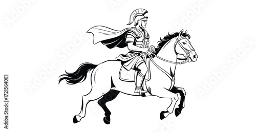 Black and white illustration of Roman soldier on horseback in traditional armor, symbolizing ancient cavalry, warfare, and imperial history