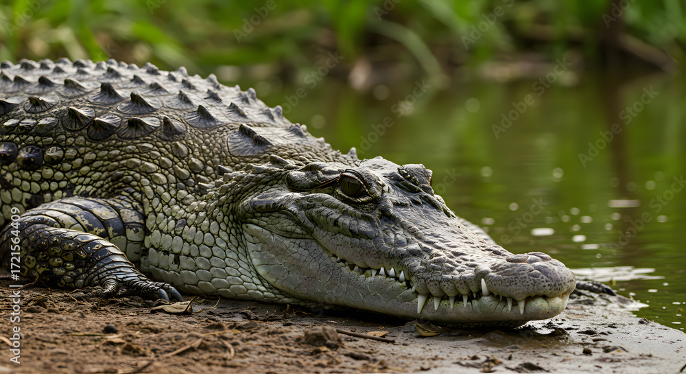 Naklejka premium Alligator Resting Near Water's Edge on Muddy Bank in Green Wildlife Setting