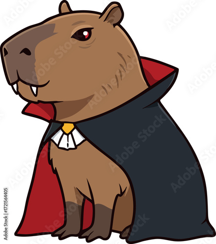 Capybara dressed as vampire wearing black cape with red lining cartoon vector illustration