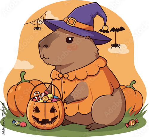 Halloween guinea pig wearing witch hat and orange costume holding pumpkin basket with candy and pumpkins background vector illustration