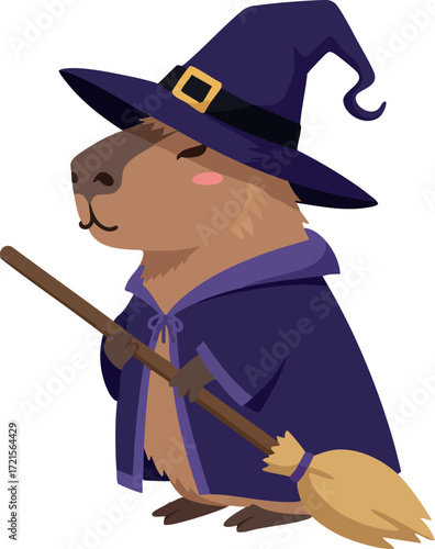 Capybara dressed as witch with broomstick in purple cloak and hat cute Halloween character vector art
