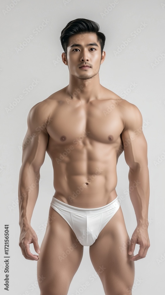 Fototapeta premium Muscular Asian Man Posing in White Briefs
