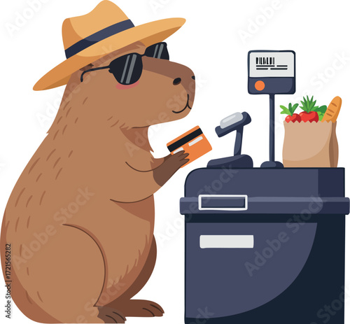 Capybara wearing hat and sunglasses paying with credit card at supermarket checkout counter with grocery bag and scanner vector illustration