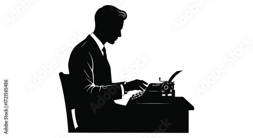 Silhouette of a man diligently working at a vintage typewriter desk