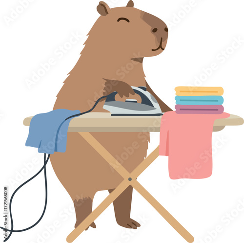 Capybara ironing clothes on wooden board with colorful towels cartoon vector illustration
